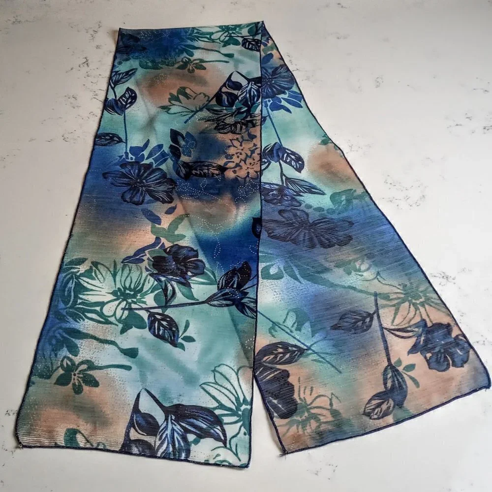 Teal Blue, Tan & Gold Dot Sheer Oblong Scarf